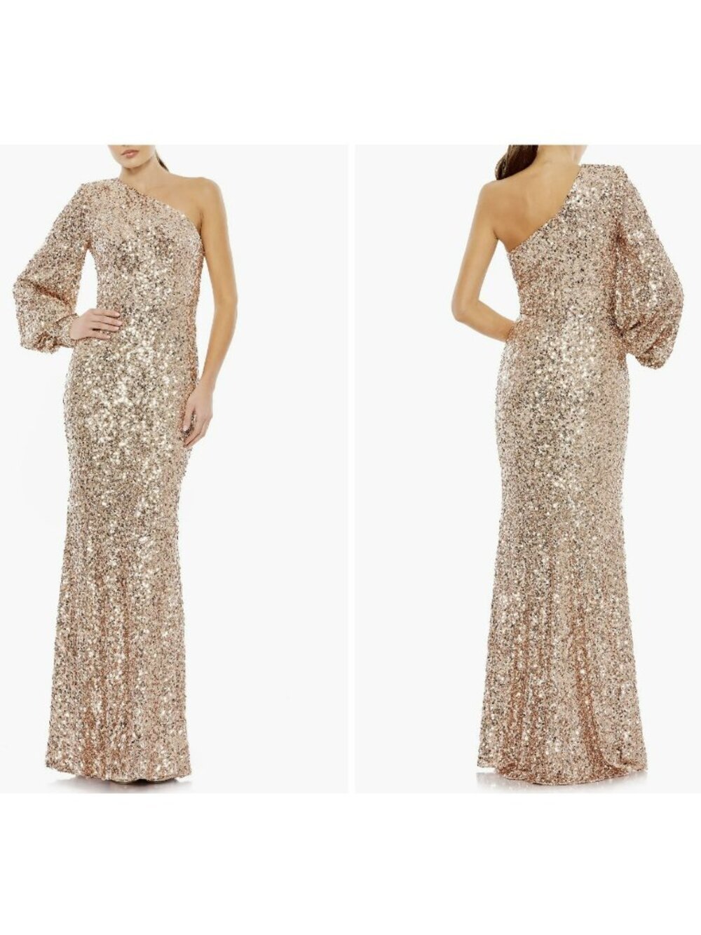 Mac Duggal Size 8 Gold One Shoulder Sequins Column Maxi Dress Formal Gown NWT